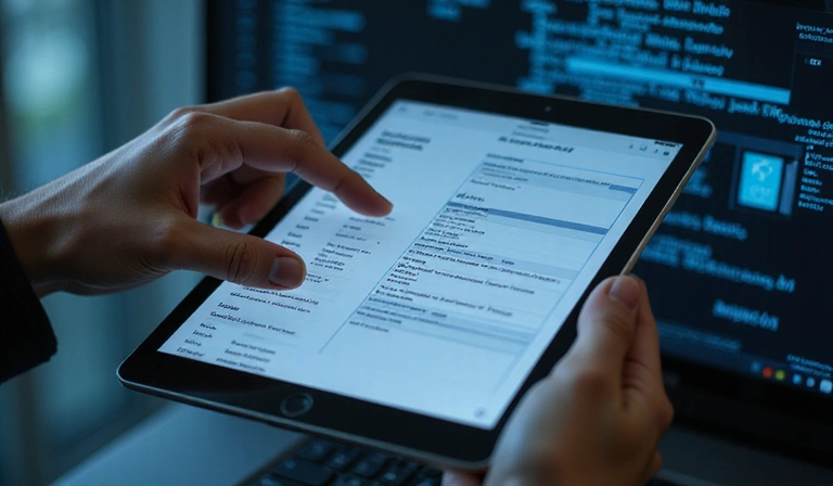 Egy személy kitölt egy online űrlapot, a háttérben digitális adatok áramlanak.