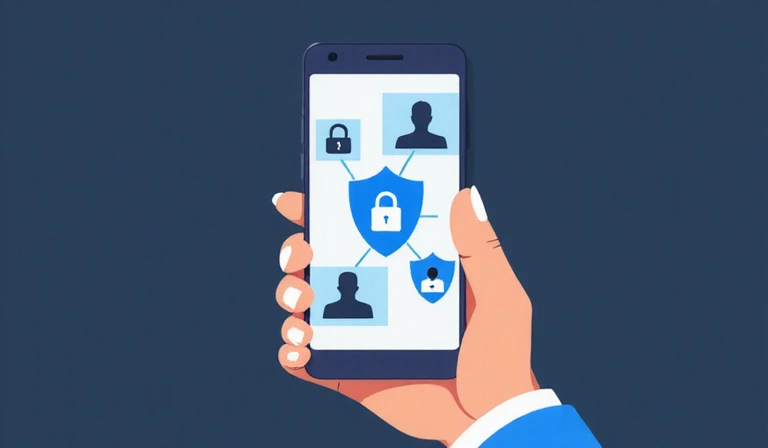 Kéz tart egy okostelefont, amelyen adatvédelmi ikonok láthatók, szimbolizálva a felhasználói jogokat és a digitális biztonságot.