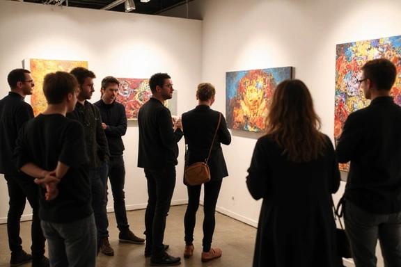 Művészek csoportja beszélget egy kiállításmegnyitón.