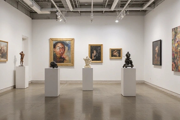 Művészeti galéria belső tere, falakon festményekkel és szobrokkal.